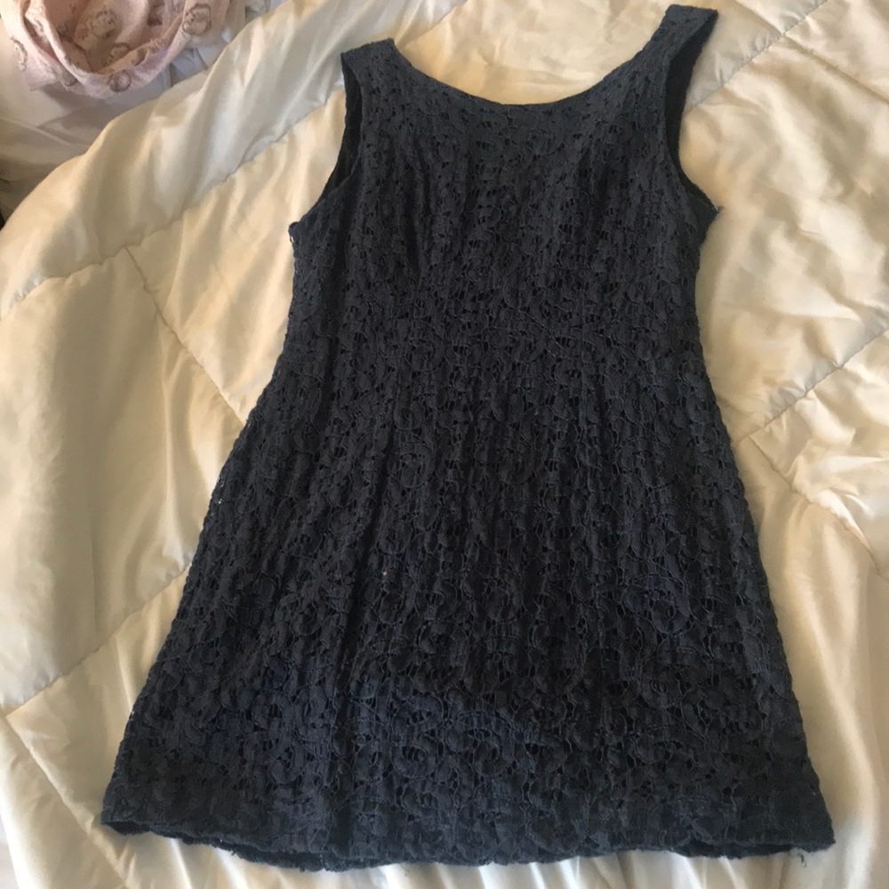 Three Pink Hearts navy crochet mini dress